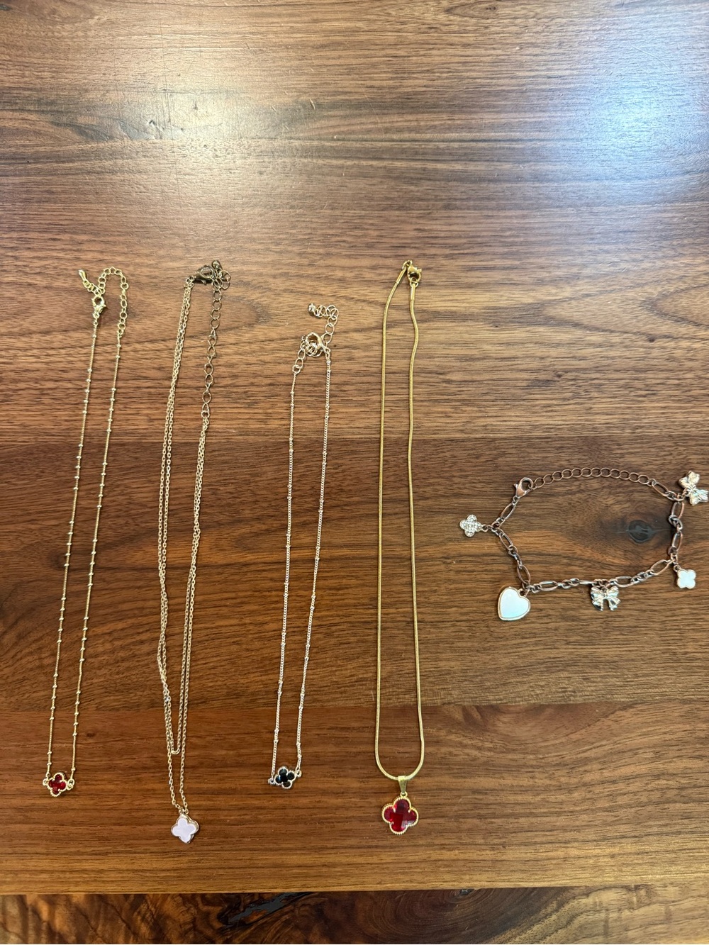 Gold Tone Clover Pendant Necklaces and Charm Bracelet Set - Red, Black,WhiteEUC